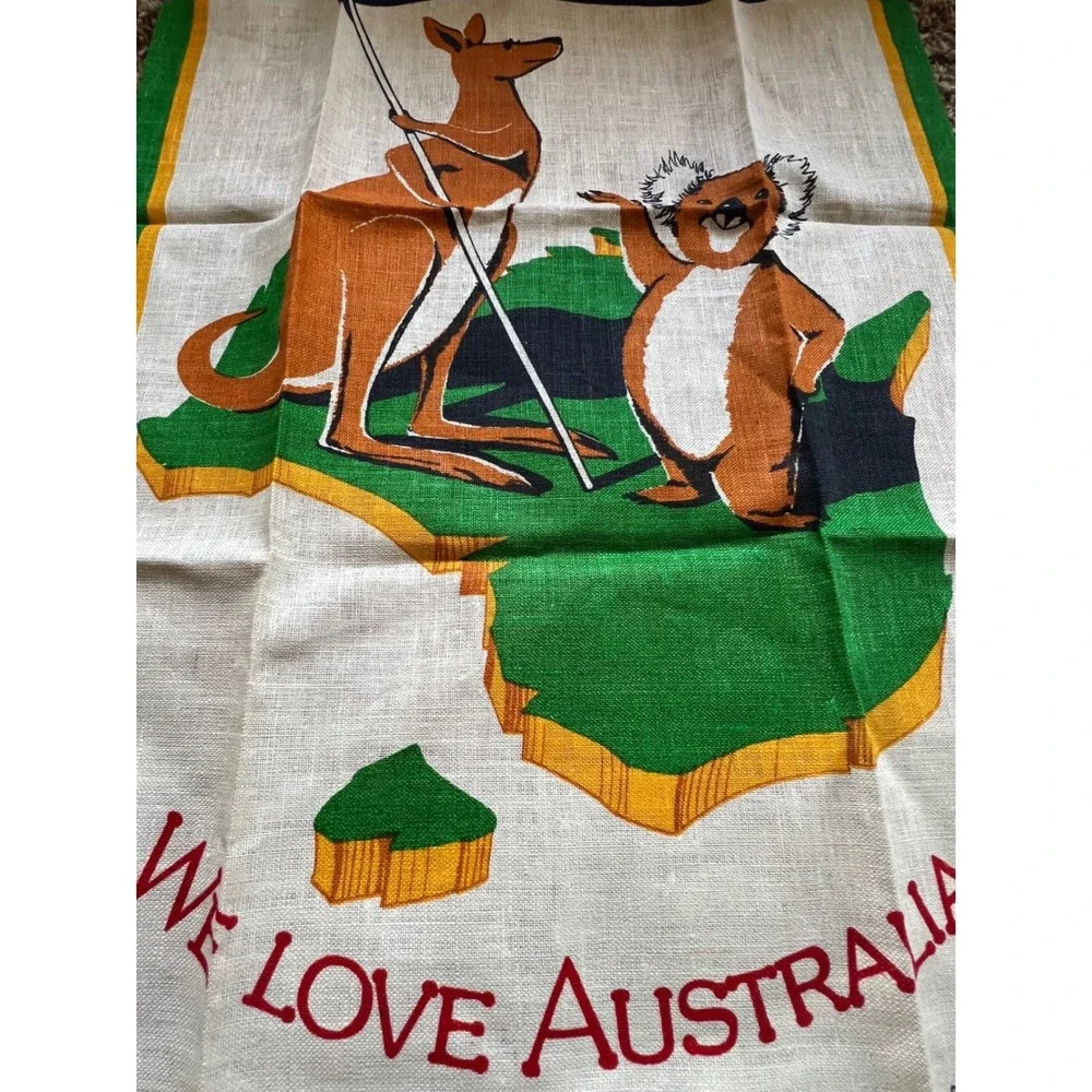 Vintage We Love Australia Pure Linen Tea Towel Kangaroo Koala Flag Souvenir Neil
